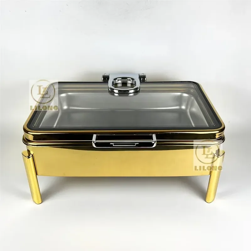 9L Stainless Steel Hydraulic Insulation Pot Gold Finish Rectangular Hot Food Warmer Buffet Equipment for Party Catering