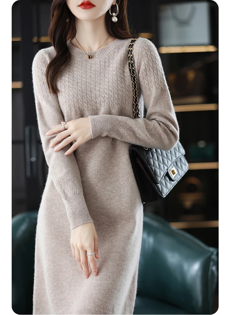 Round Neck Cashmere Dress Women's Long Pullover Sweater Autumn And Winter New Knitted Knee-Length Pure Wool Dress