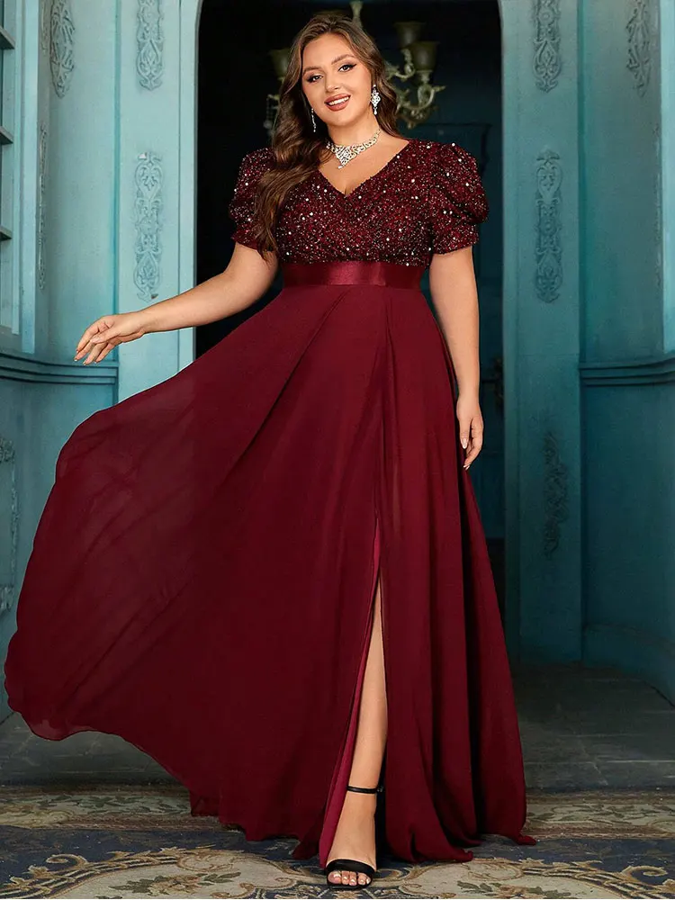 Plus Size V-neck Sequin Puff Sleeve Floor-length Chiffon Evening Dress 4XL 5XL Big Size Burgundy Bridesmaid Evening Dress