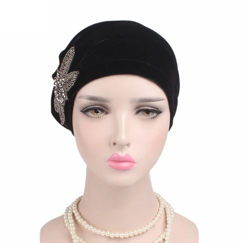 Jewelry Diamond Velvet Women's Turban Hat Elastic Female Head Wraps Caps Lady Hair Accessories Muslim Headscarf Hats