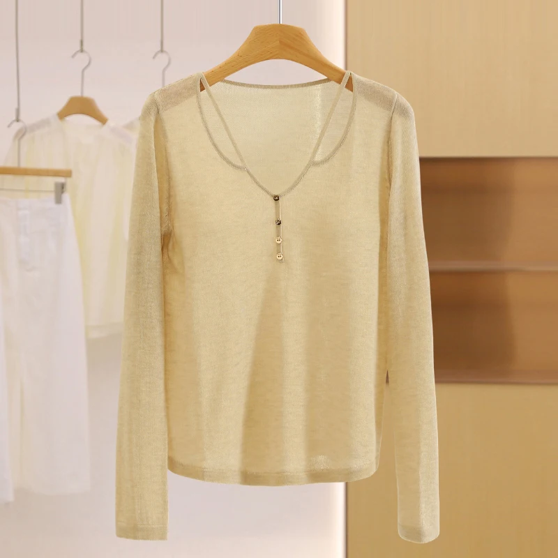 Maglieria V-Ne leggera e versatile, colore puro, design con bottoni scavati per l'autunno, abbigliamento casual, lana di poliestere...