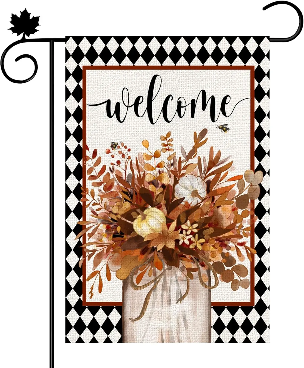 Fall Garden Flag ，12x18in Black Diamond Plaid Vase Double Sided Welcome Thanksgiving Yard Flag for Autumn Farmhouse Seasonal Hol