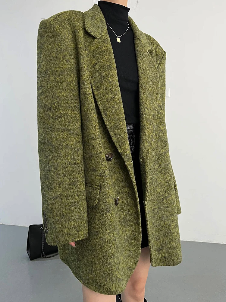YERMORA Green Button Vintage Wool Blazer For Women Lapel Long Sleeve Loose New Thick Jacket Fashion Tide Autumn Winter 2025