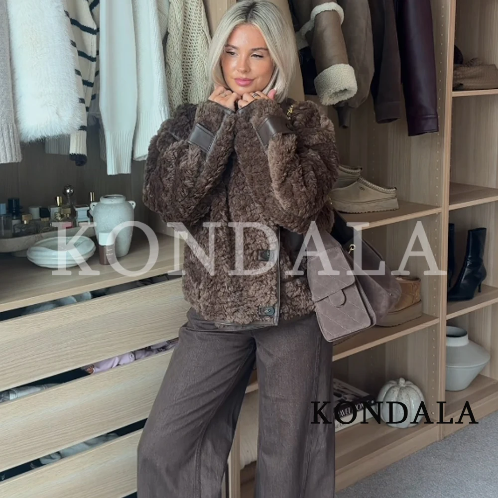 KONDALA Fall Winter Trendy Faux Fur Fleece Coat Women's Elegant Vintage Turtleneck Thick Jacket 2026 Chic Casual Streetwear Coat
