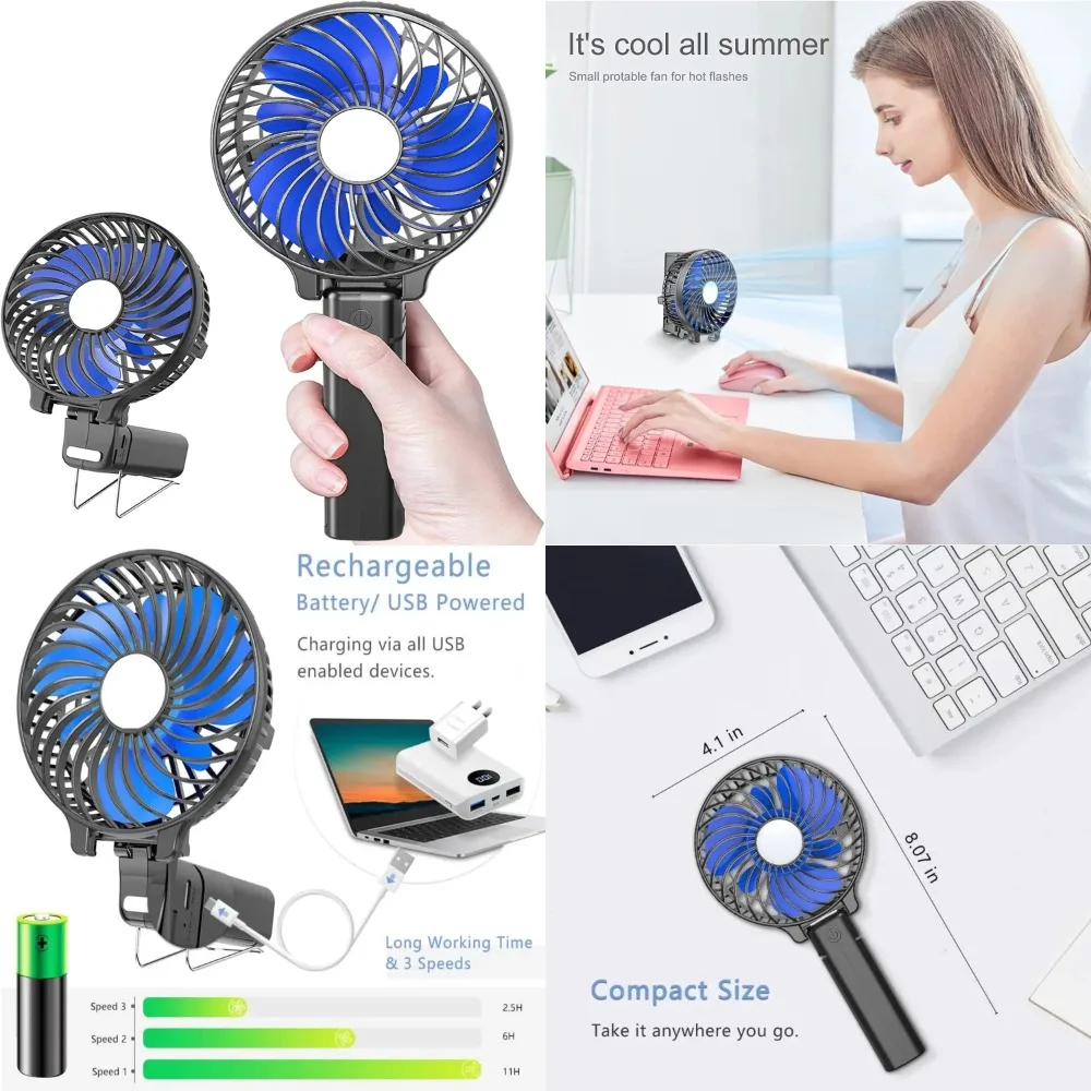 

Compact, Portable and Rechargeable Handheld Mini Fan - USB Powered with Battery Operation - Small Folding Cooling Fan for Outdoo