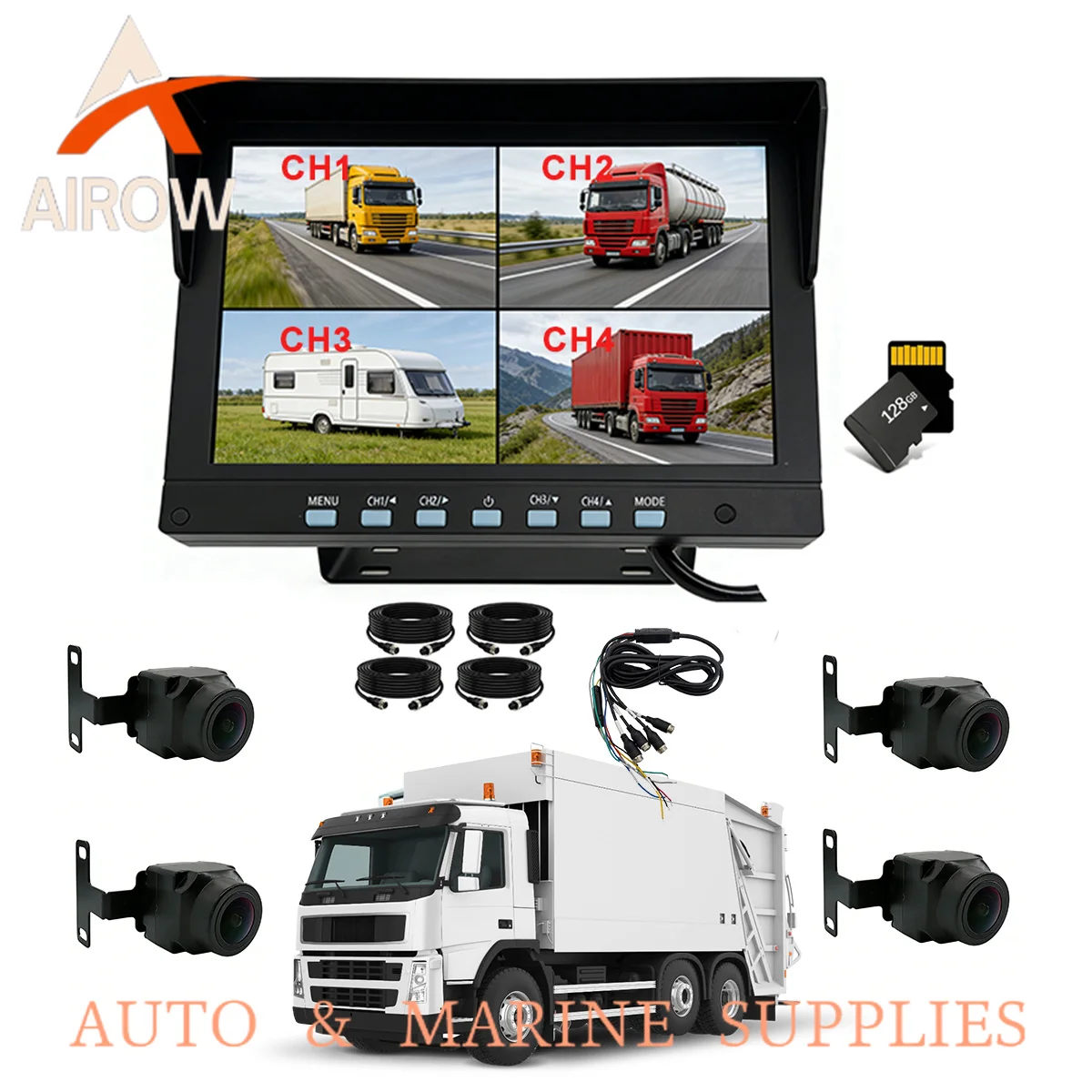 Airow auto Truck Camera Dashcam Car Monitor Built in Dvr  Driving Recorder Backup Rear Tow Camera Kit for Truck Trailer Bus RV