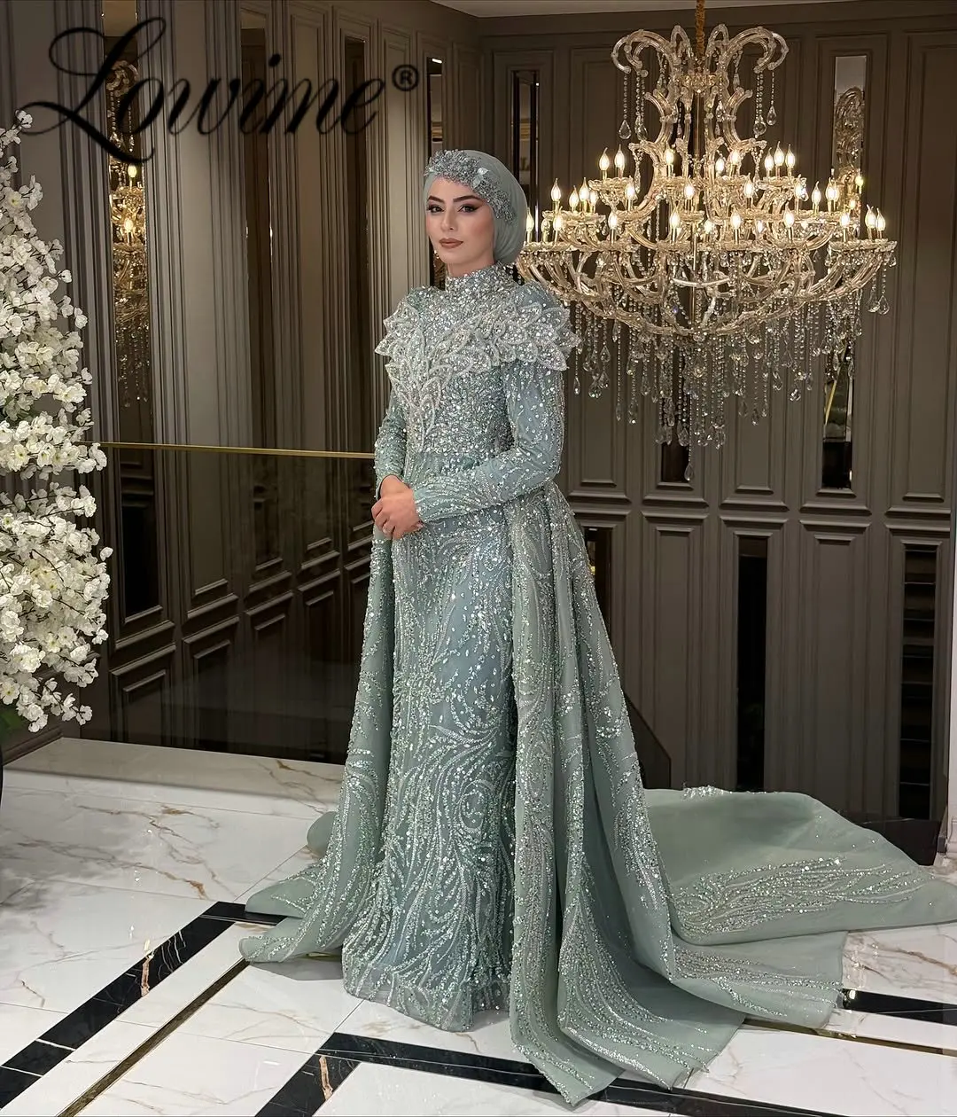 

Arabic Turkey Sage Green Two Pieces Long Sleeves Muslim Evening Dresses Islamic Hijab Formal Wedding Party Gowns Customized