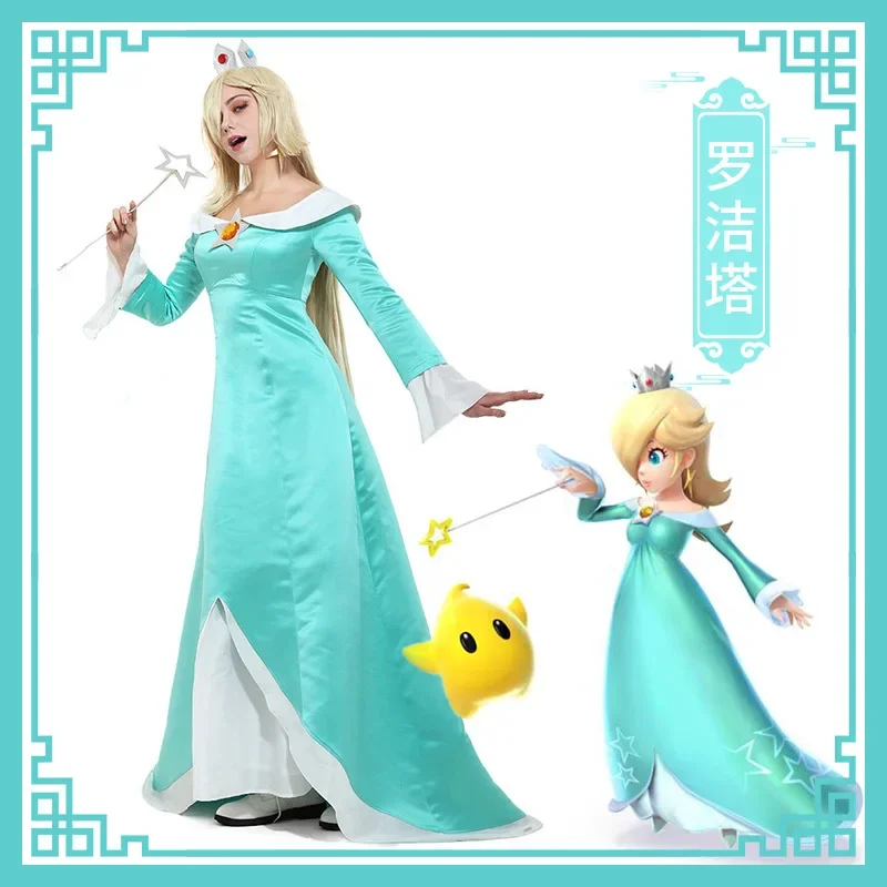 Galaxy Rosalina Cosplay Kostuum Met Kroon Oorbellen Vrouw Lichtblauwe Jurk Halloween Party Outfit