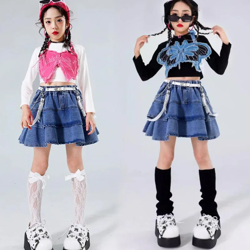 

Girls Hip Hop Tshirt Street Dance Demin Skirt Girls Cute Crop Top Solid Skirts Children Summer Streetwear Kids Jazz Clothes Sets
