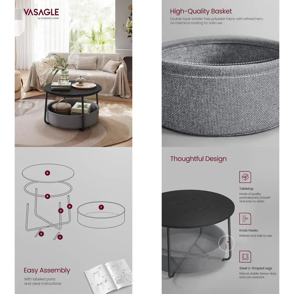 

Современный круглый журнальный столик из черного эбенового дерева и серого сланца с корзиной для хранения для гостиной, коллекция LILEA ULCT244B56