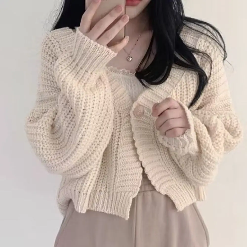 

Long Sleeve Grid Crochet Sweater Autumn Spring Preppy Style Cardigans Women Y2K Loose Ladies Tops Sweet Knitwear Streetwear