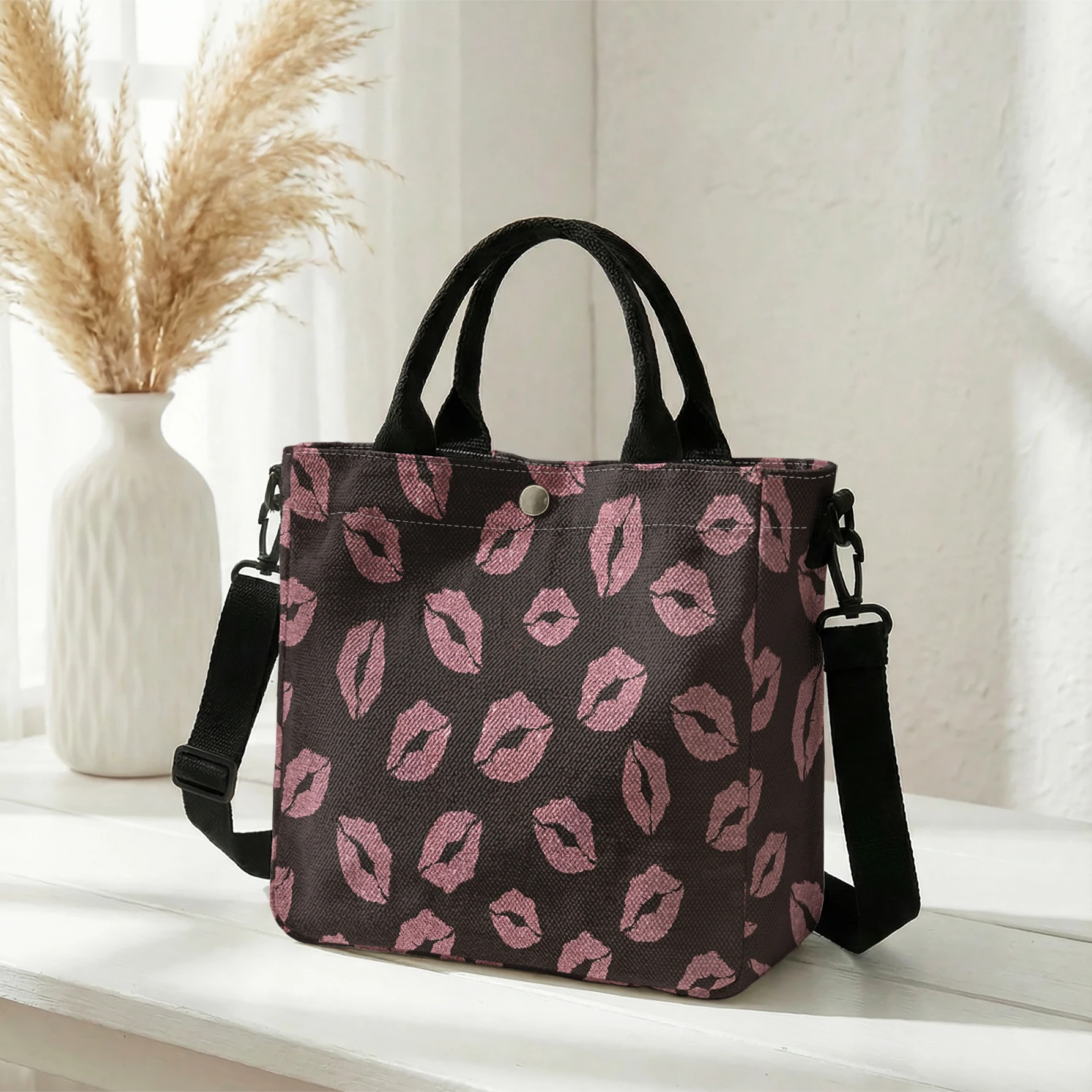 Pink Lips All Over Print Tote Bag, Detachable Strap Crossbody Handbag For Daily Work Shopping