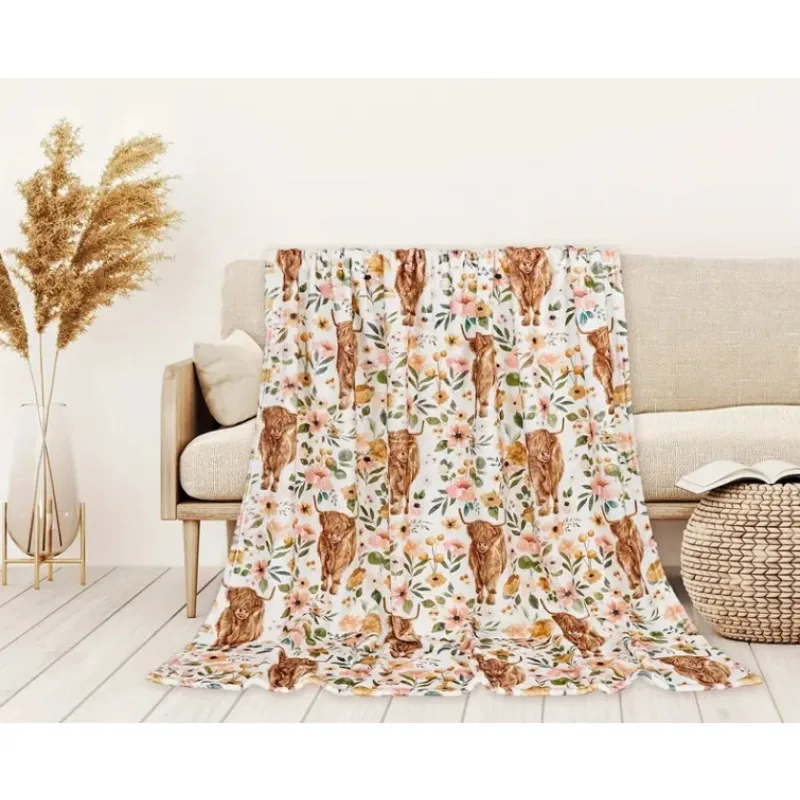 

Floral Highland Cow Print Blanket Travel Sofa Bed Office Home Decor Birthday Gift Blanket All Seasons Available