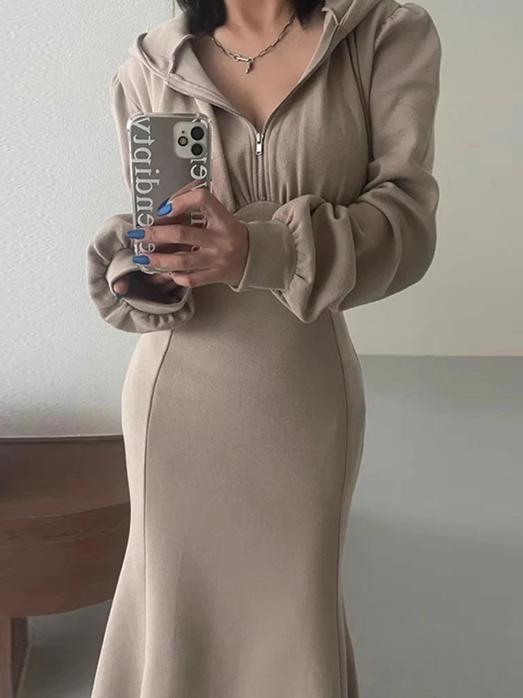 세련된 가을 겨울 두꺼운 긴 소매 후드 지퍼 슬리밍 여성 드레스 피쉬 테일 드레스 하이 웨이스트 한국 스타일 통근