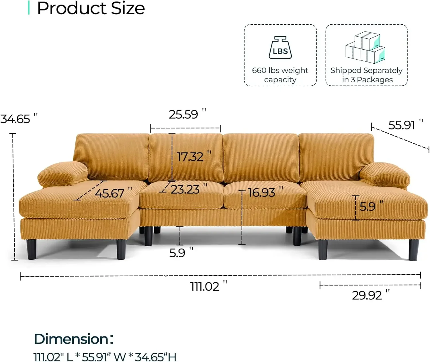 Convertible Sectional Couch, Corduroy U-shaped Sofa Couch w/ Double Chaises and Sleepable Armrests, 4-Seat Deep Sofa Set, Yellow