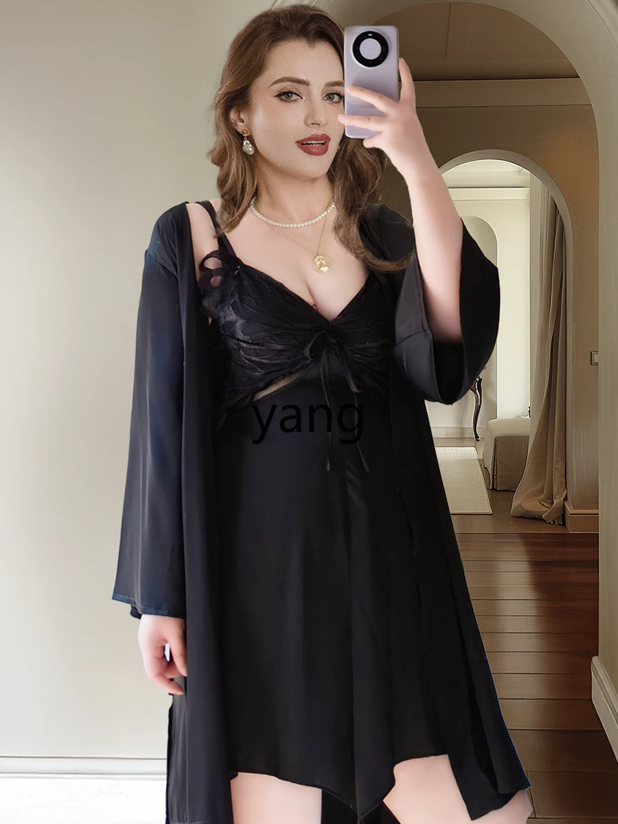 LMM fat mm large size sexy pajamas chest pad butterfly suspender nightdress long sleeve ice silk suit spring and summer