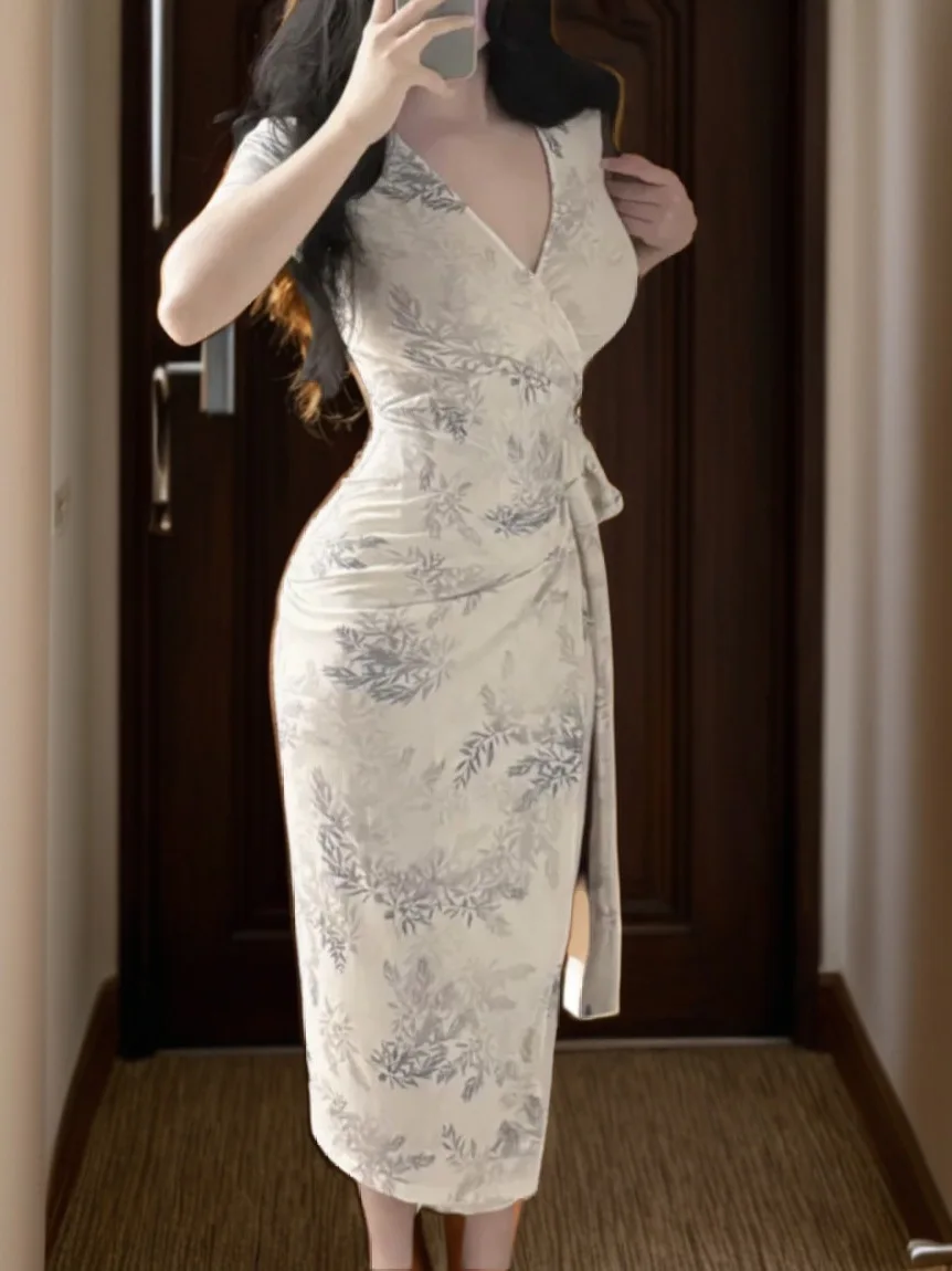 우아한 플러스 사이즈 중국풍 플로럴 프린트 랩 드레스 슬리밍 하이웨이스트 V넥 긴팔 여름 신상 여성 드레스