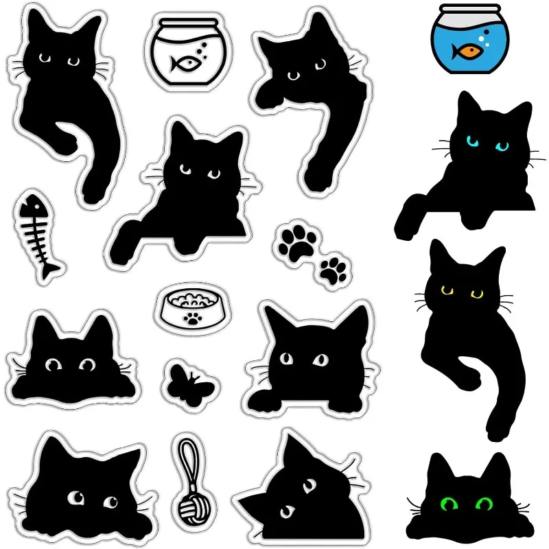 1pc Black Cat Fish Bone Clear Rubber Stamps Fish Tank Kitty Paw Reusable Transparent Silicone Stamp Seals Vintage for Journaling