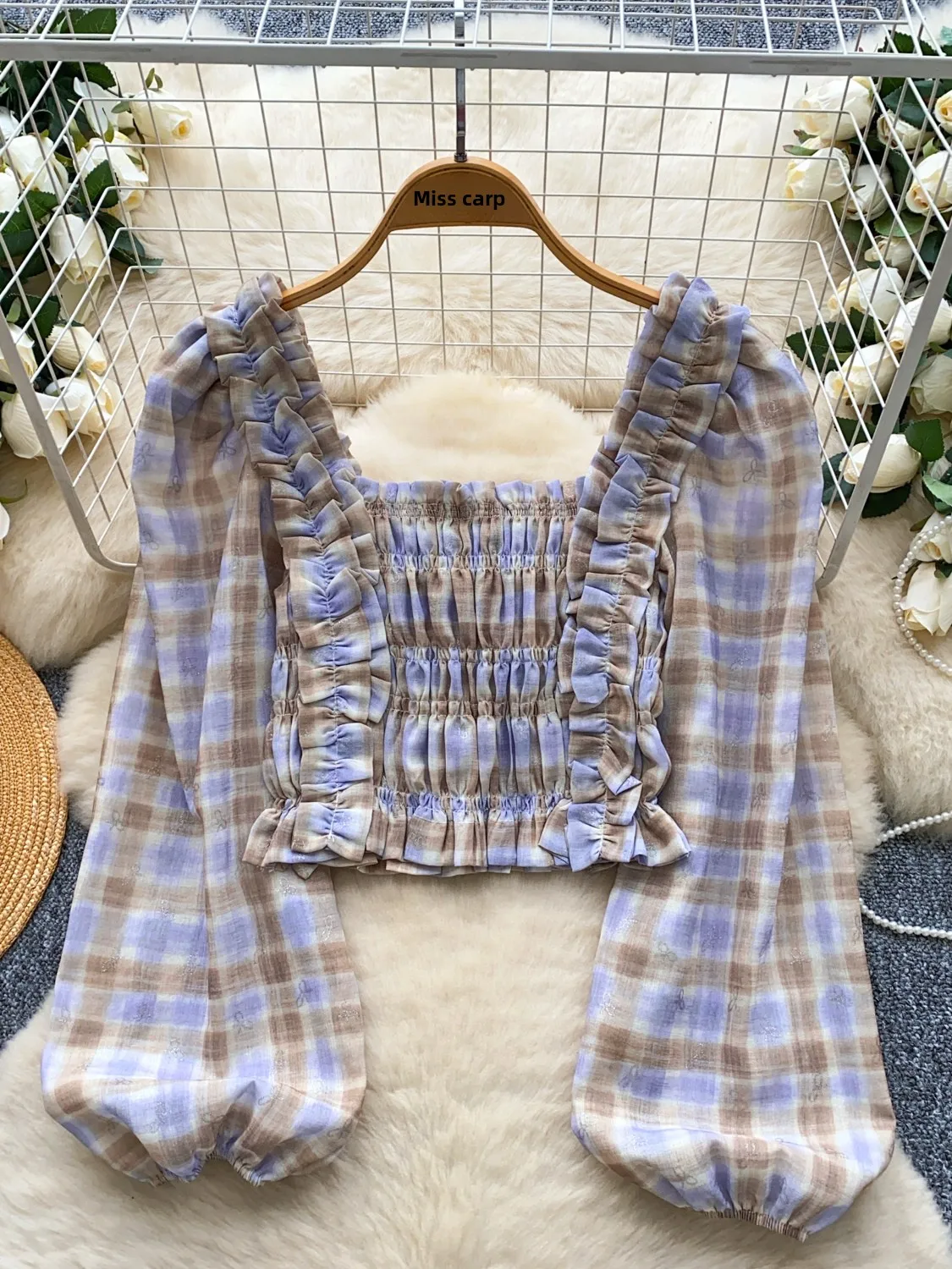 Słodka Bluzka Damska z Kwadratowym Dekoltem, Dopasowany Krój, Jesienna Moda, Mały Rozmiar, Modna, Styl Koreański, Oddychająca...