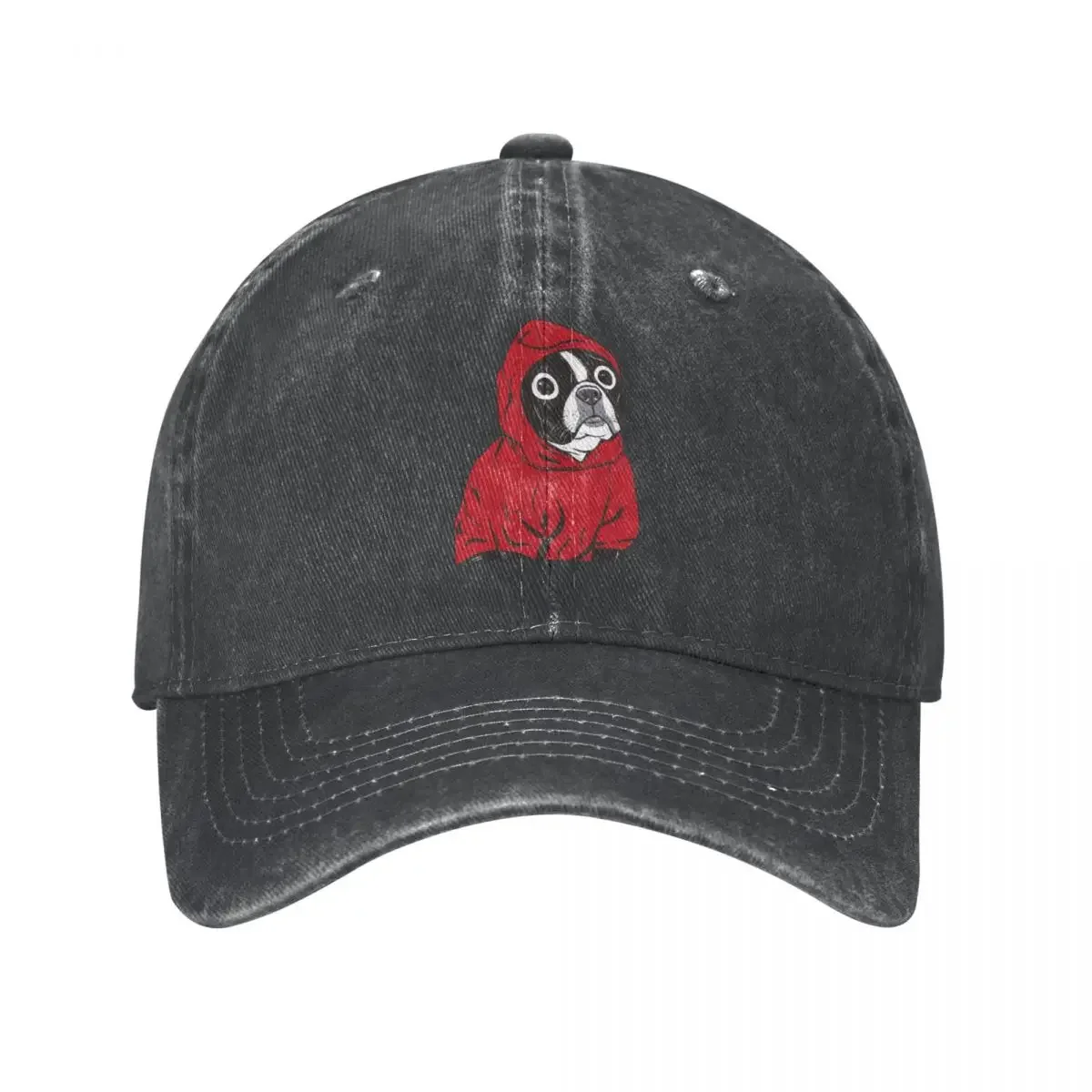 Classic French Bulldog Baseball Cap Men Women Distressed Denim Headwear Boston Terrier in a Red Hoodie Activities Caps Hat