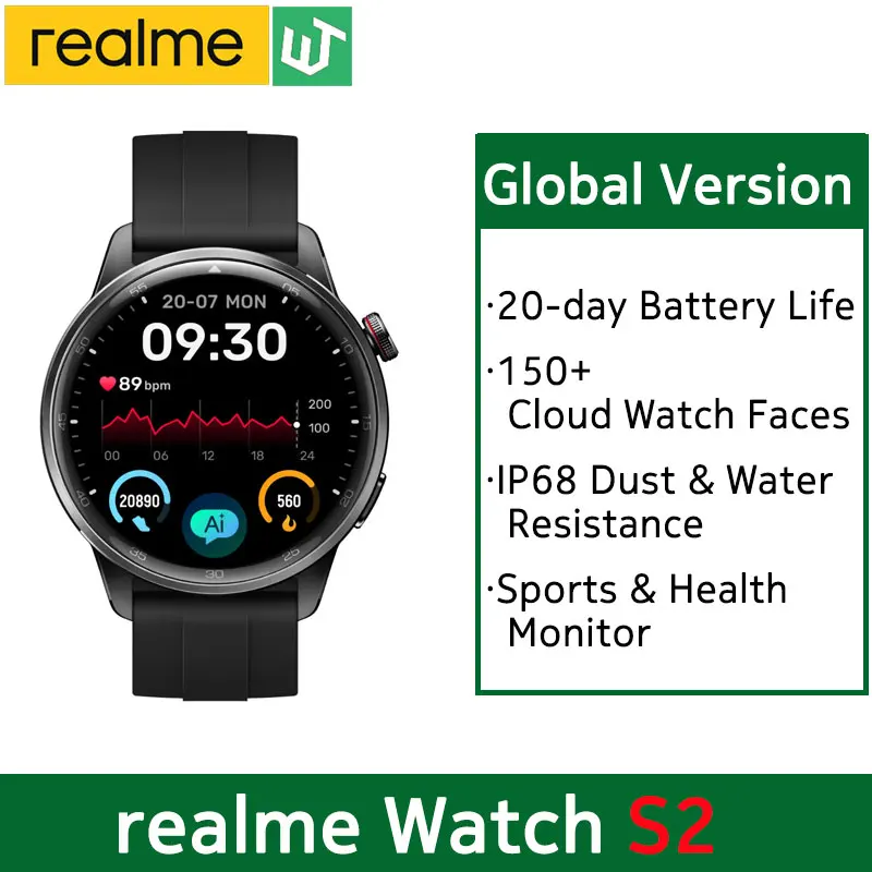 النسخة العالمية ساعة Realme S2 SmartWatch مستشعر الأوكسجين في الدم 1.43 بوصة شاشة AMOLED 20 يومًا عمر البطارية IP68 ساعة مقاومة للماء