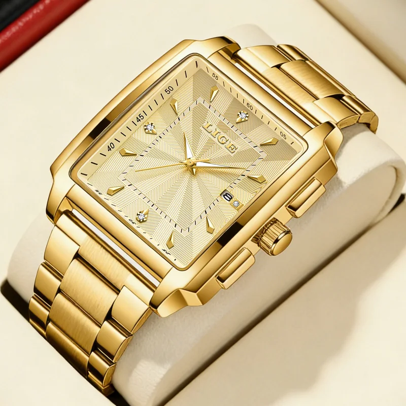 LIGE الفاخرة العسكرية رجل ساعة اليد مربع كوارتز ساعة رجالية مقاوم للماء مضيئة الفولاذ المقاوم للصدأ ساعات رجالية ذكر Reloj + صندوق