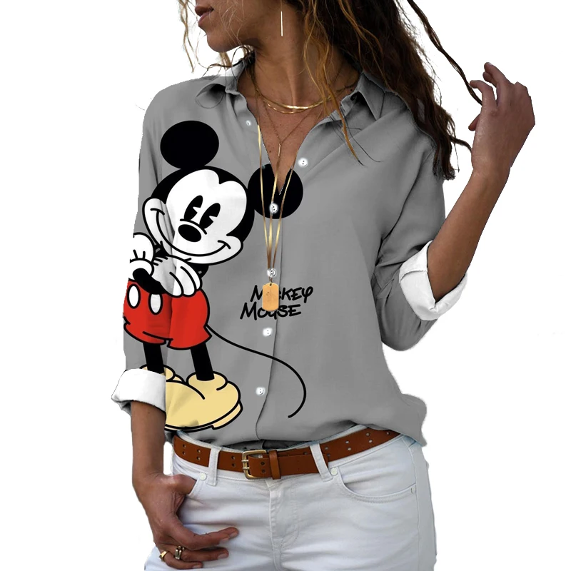 

Disney New 2024 Harajuku Slim Fit 3D Printed Men Women's Button Up Long Sleeve Lapel Mickey Minnie Casual Cute Shirt y2k