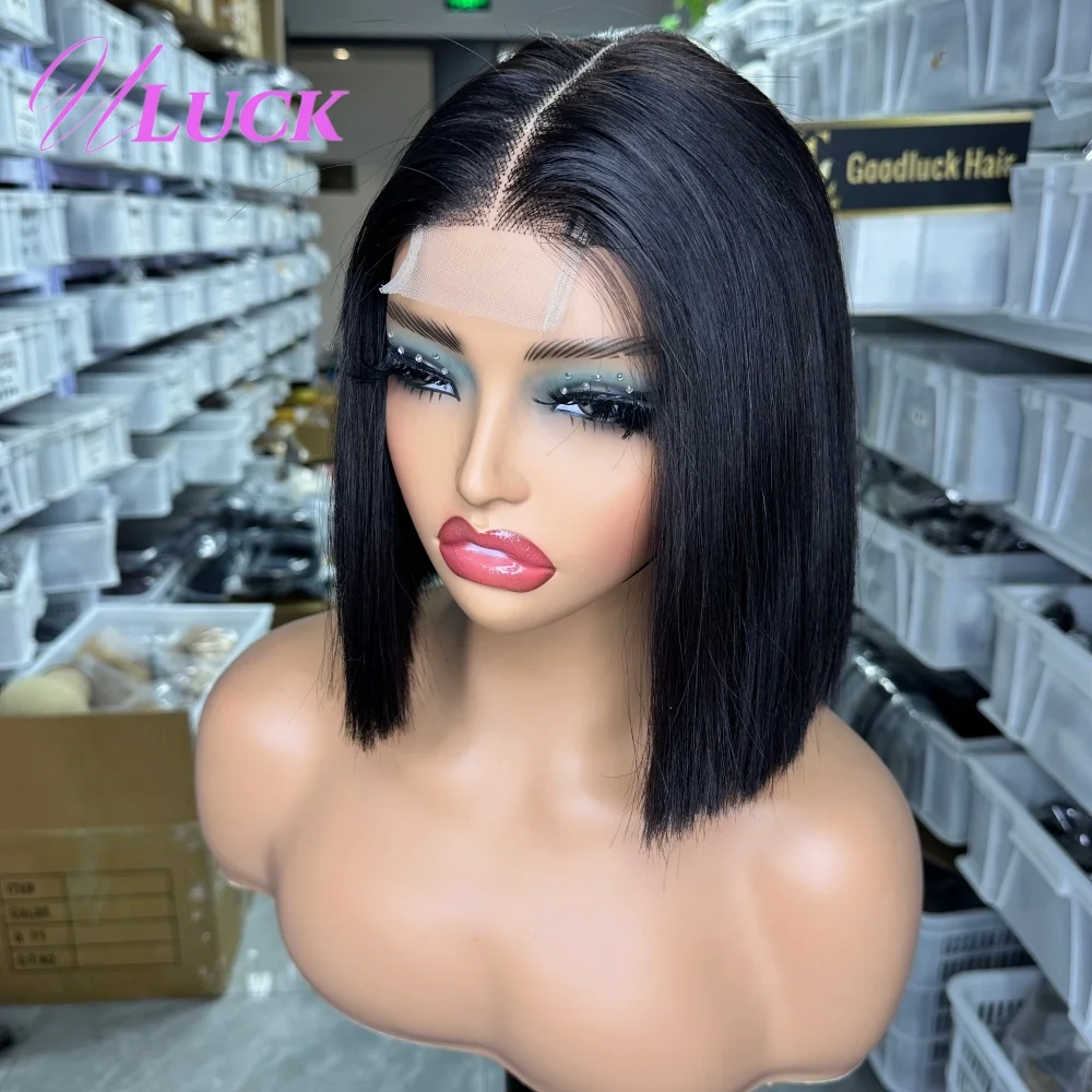 Uluck Parrucche Bob corte diritte con osso doppio disegnato Parrucche brasiliane di capelli umani reali 300% Densità 2x6 Parrucche frontali in pizzo Pronto da indossare