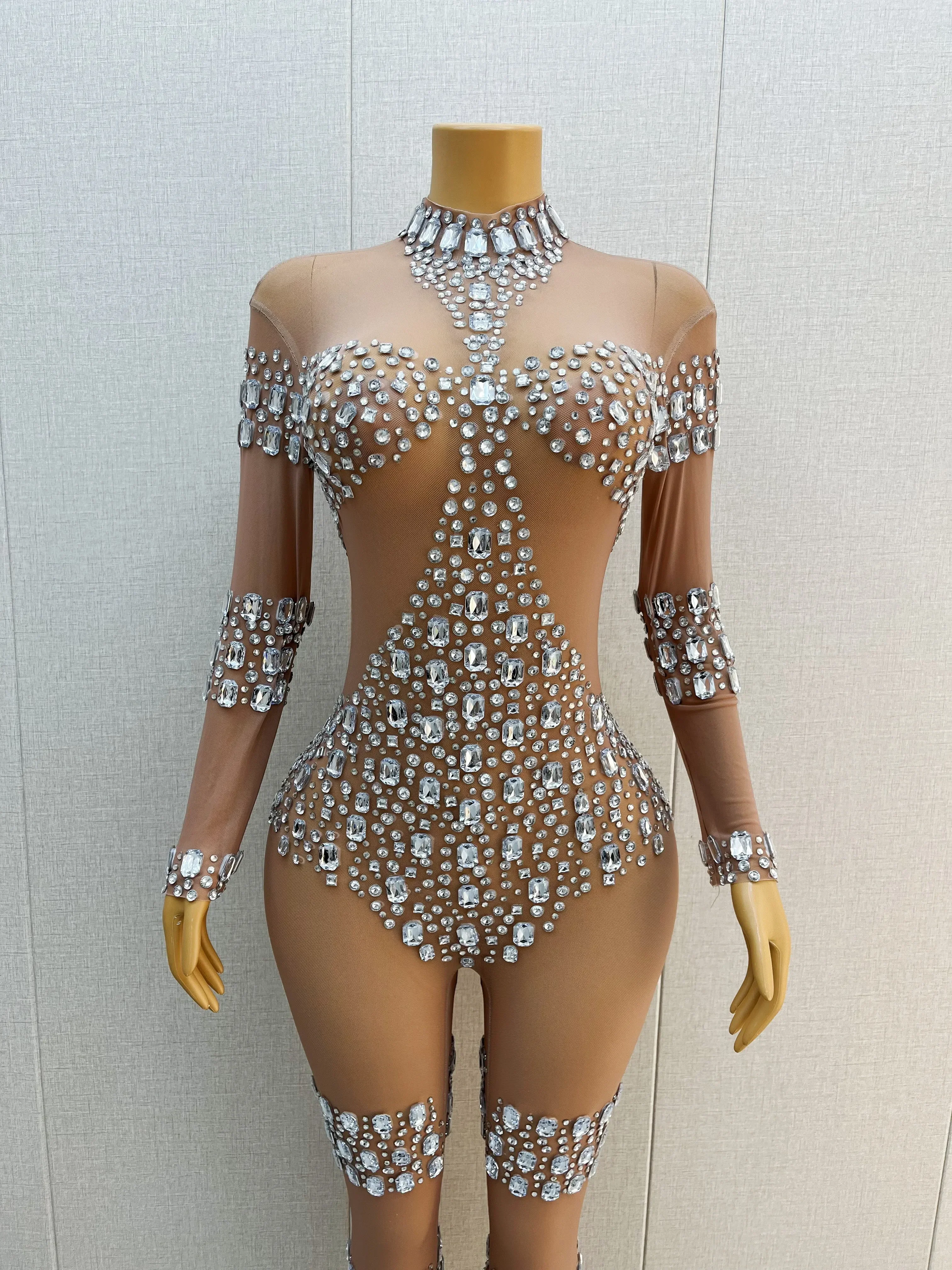 Sparkly Silver Big Rhinestones Transparent Sexy Jumpsuit Evening Birthday Celebrate Costume Dance Performance Leggings Bodysuit