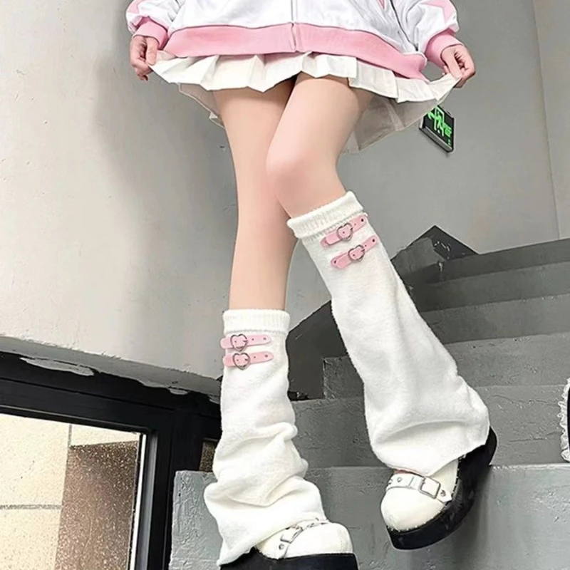 Y2K Knitted Wide Leg Piling Socks Set for Women, Cute Japanese-inspired Heart Buckle Stockings