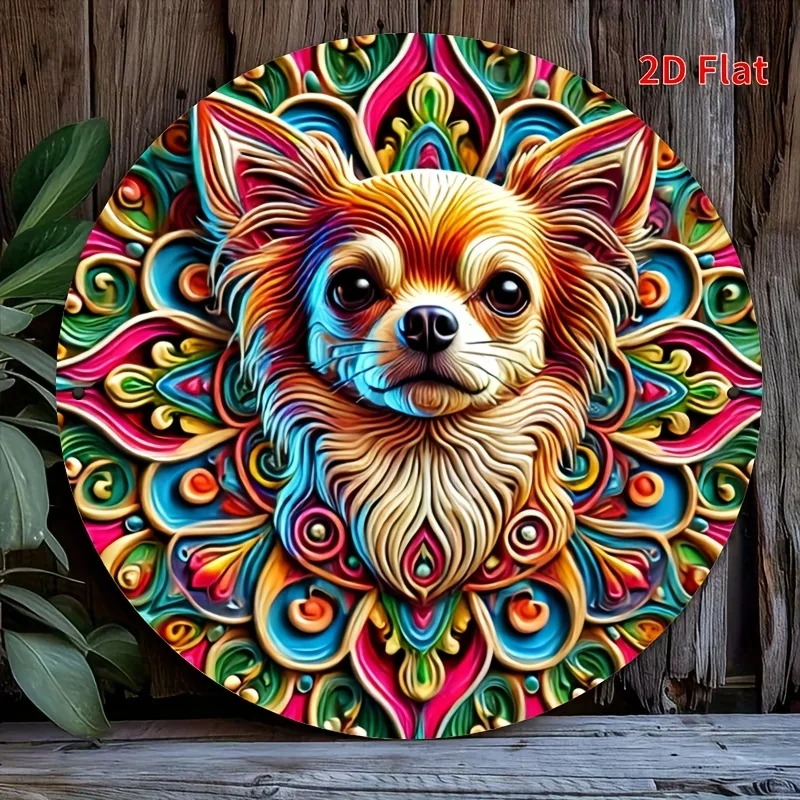 [2D Flat] 1pc Chihuahua Mandala Psychedelic Art Style Round Metal Tin Sign - UV & Waterproof, Vibrant Home & Wall Decor with Pre