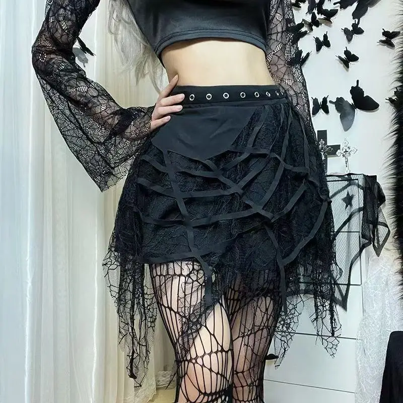 

Gothic Punk Black Mini Skirt Ladies Y2K Harajuku Spider Web Patchwork Lace Skirt College Wind Trend Joker Tulle Skirt Streetwear