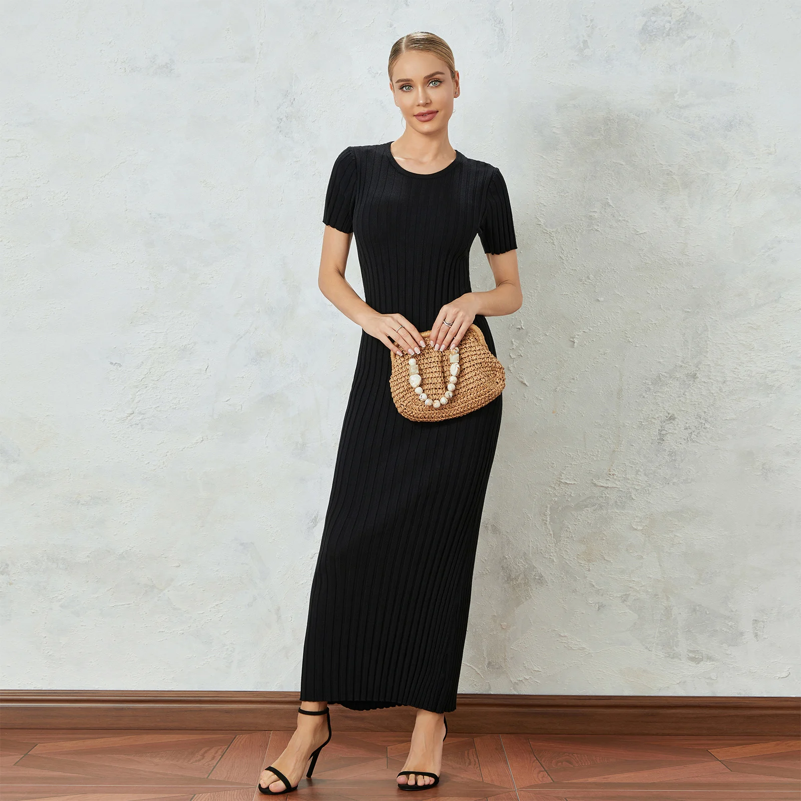 Women Fashion Long Dress Solid Color Round Neck Short Sleeve Dress Summer Tie-Up Party Rib Knit Dress