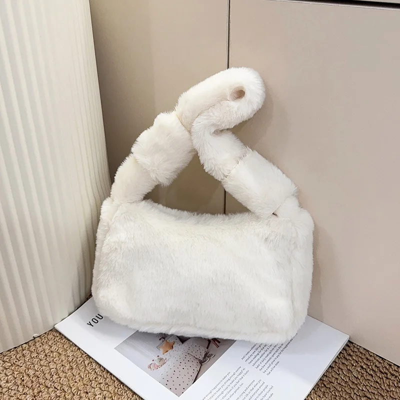 

Зимние простые женские плюшевые маленькие сумки на плечо, универсальная портативная женская сумка подмышками, однотонная женская сумка для телефона из искусственного меха