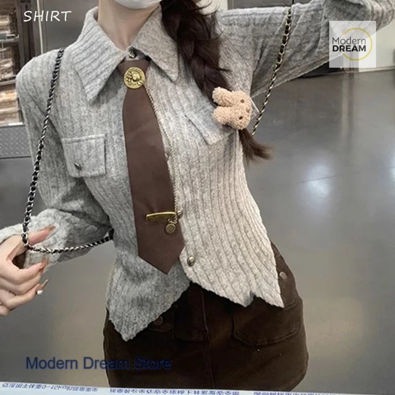 تصميم كوري غير منتظم بأكمام طويلة قميص نحيل طية صدر السترة الإناث الربيع والخريف ربطة عنق جامعية جديدة قميص نحيف عادية جوكر شيك الأعلى. #1