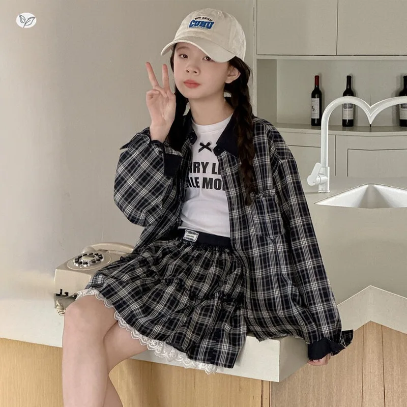 Children's clothing for girls, autumn plaid shirt and jacket set2026New spring, summer, and autumn outfits for girls aged 6-12 y