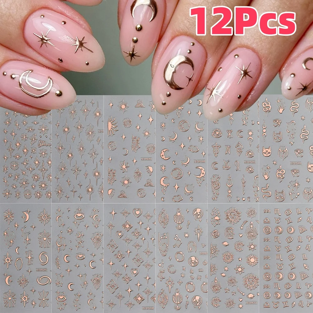 

12Pcs 3D Bohemia Star Sun Moon Nail Art Stickers Y2K Rose Gold Starlight,Snake Adhesive Nail Decals DIY Manicure Decor Sliders &