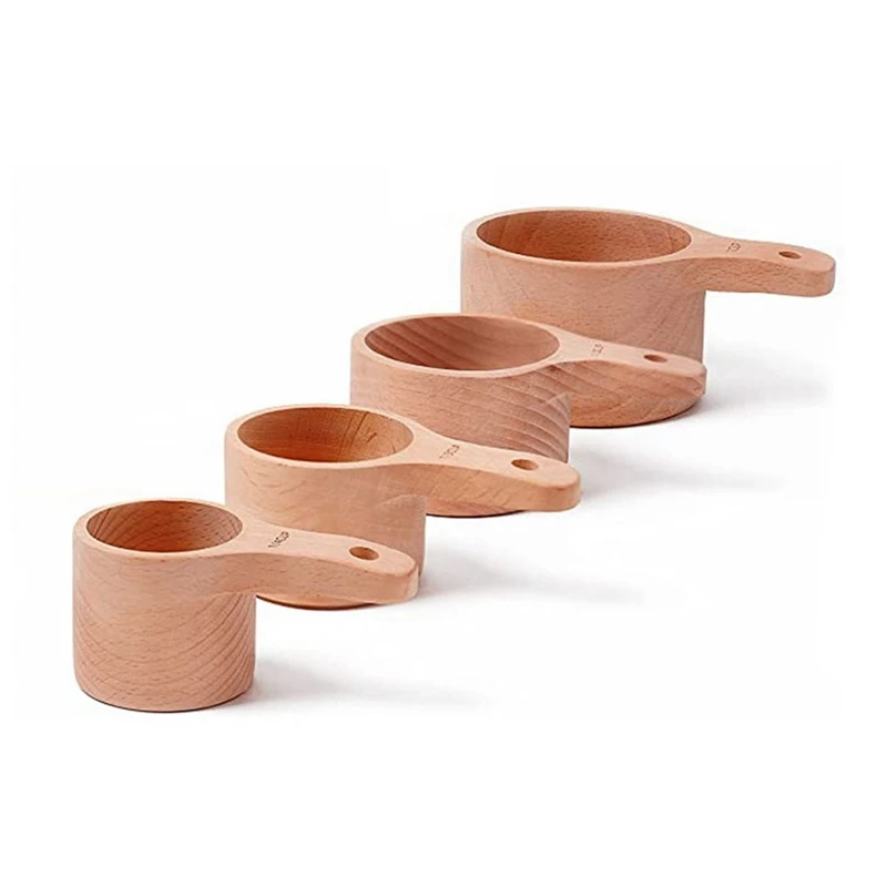 4PC/Set Wood Measuring Cups Handcrafted With Wood Polish Finish For Baking Cooking Spice Coffee Tea Milk Powder