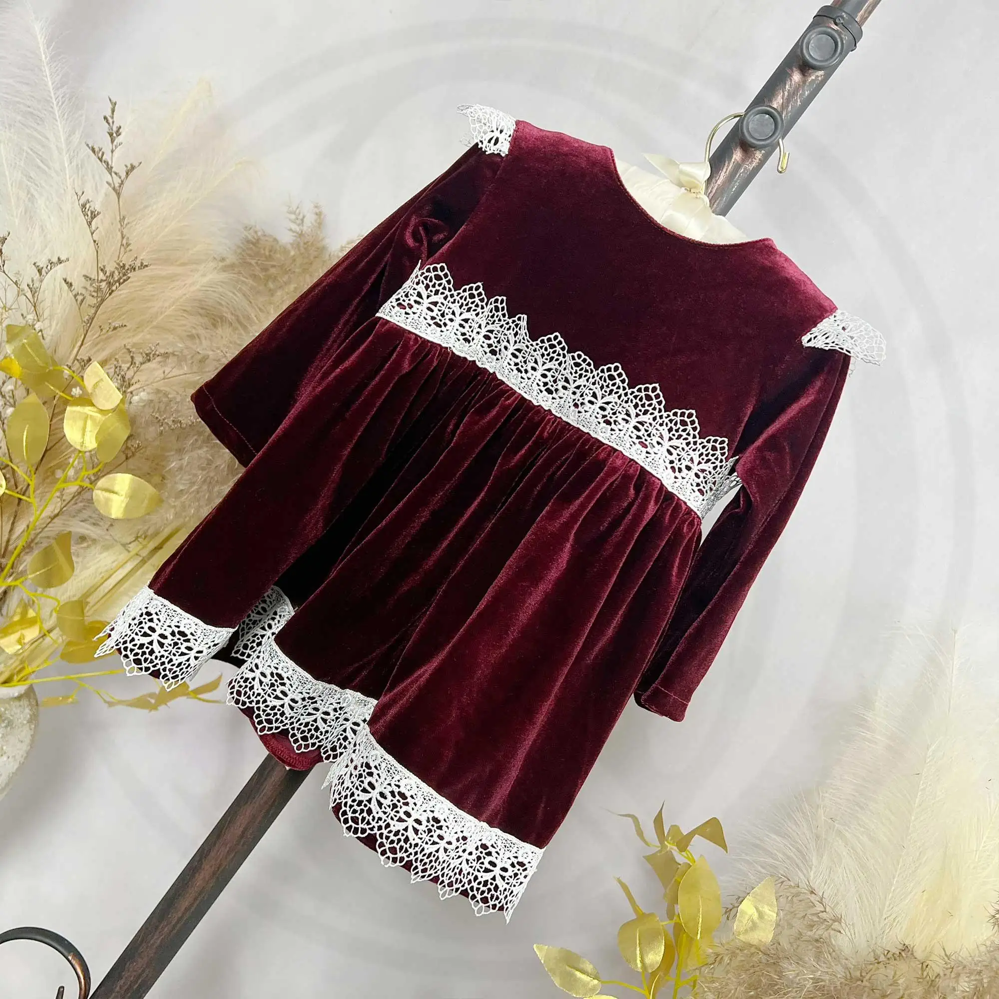 Don&Judy Baby Girl Dress Lace Trim Skirt Long Sleeves Korean Fleece Dress For Autumn Baby Birthday Gift Cloth For Photography