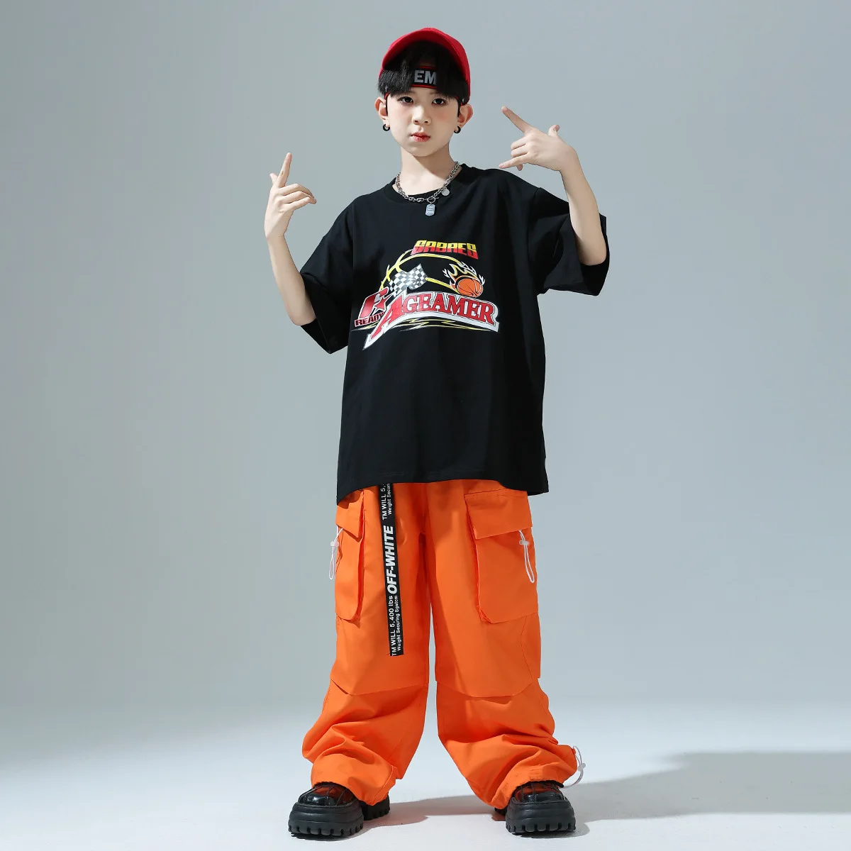 女の子ヒップホップセットバスケットボールパターン黒 Tシャツオレンジカーゴパンツストリート子供社交服男の子ジャズ衣装