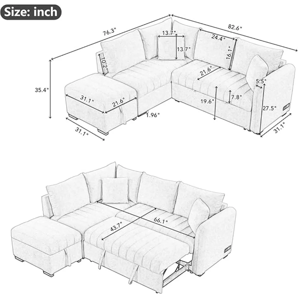 Convertible Sleeper Sofa Bed with Storage Ottoman, L-Shaped Sectional Sofa with Charging Stations & Chaise,Living Room Sofas