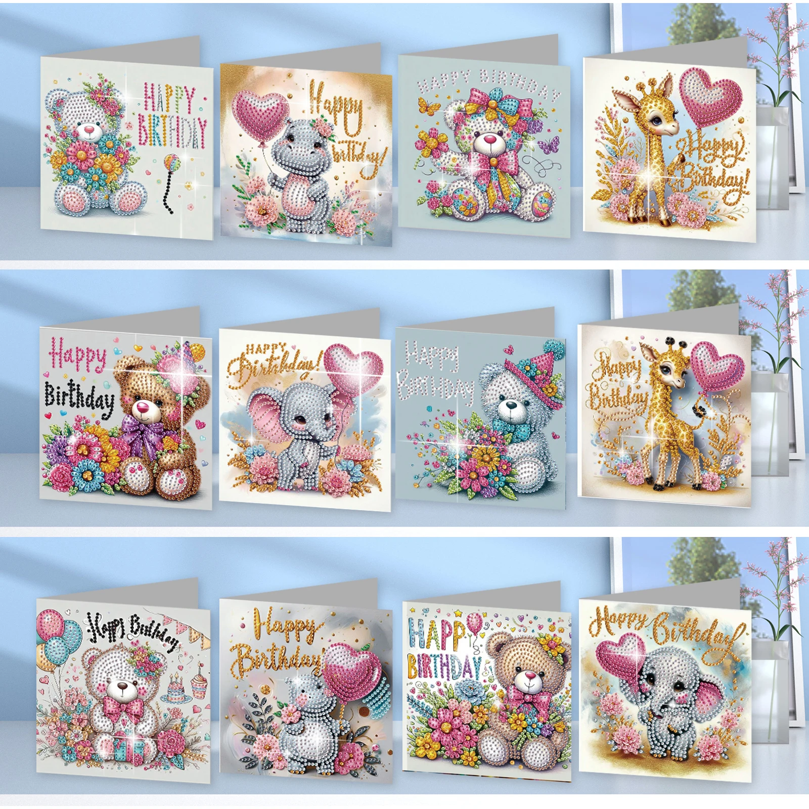 

12Pcs Flower Animal DIY Diamond Art Painting Greeting Cards Diamond Art Cards for Beginner Adult Birthday Holiday Blessing