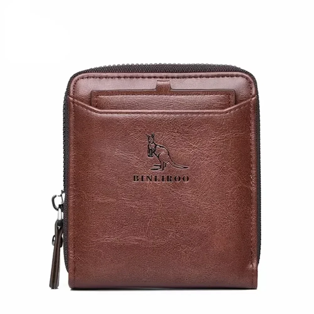 Men's Leather RFID Wallet, Zippered Business Card Holder with Coin Pocket, Premium Multi-Function Purse