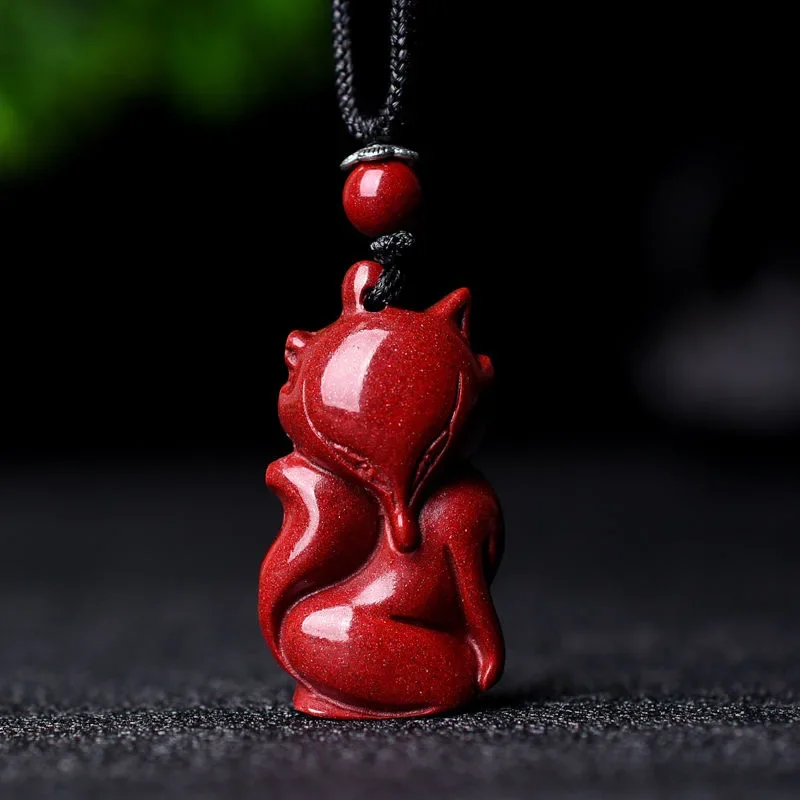 Fashion Cinnabar Jade Lovely Fox Pendant Necklace Jewellery Chinese Hand-Carved Healing Women Man Luck Gift Sweater Chain