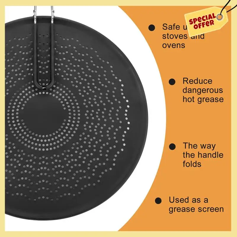 

-BABQ 13 Inch Silicone Splatter Screen - Pan Cover With Folding Handle,Heat Resistant Oil Splash Guard,Heat Insulation Black