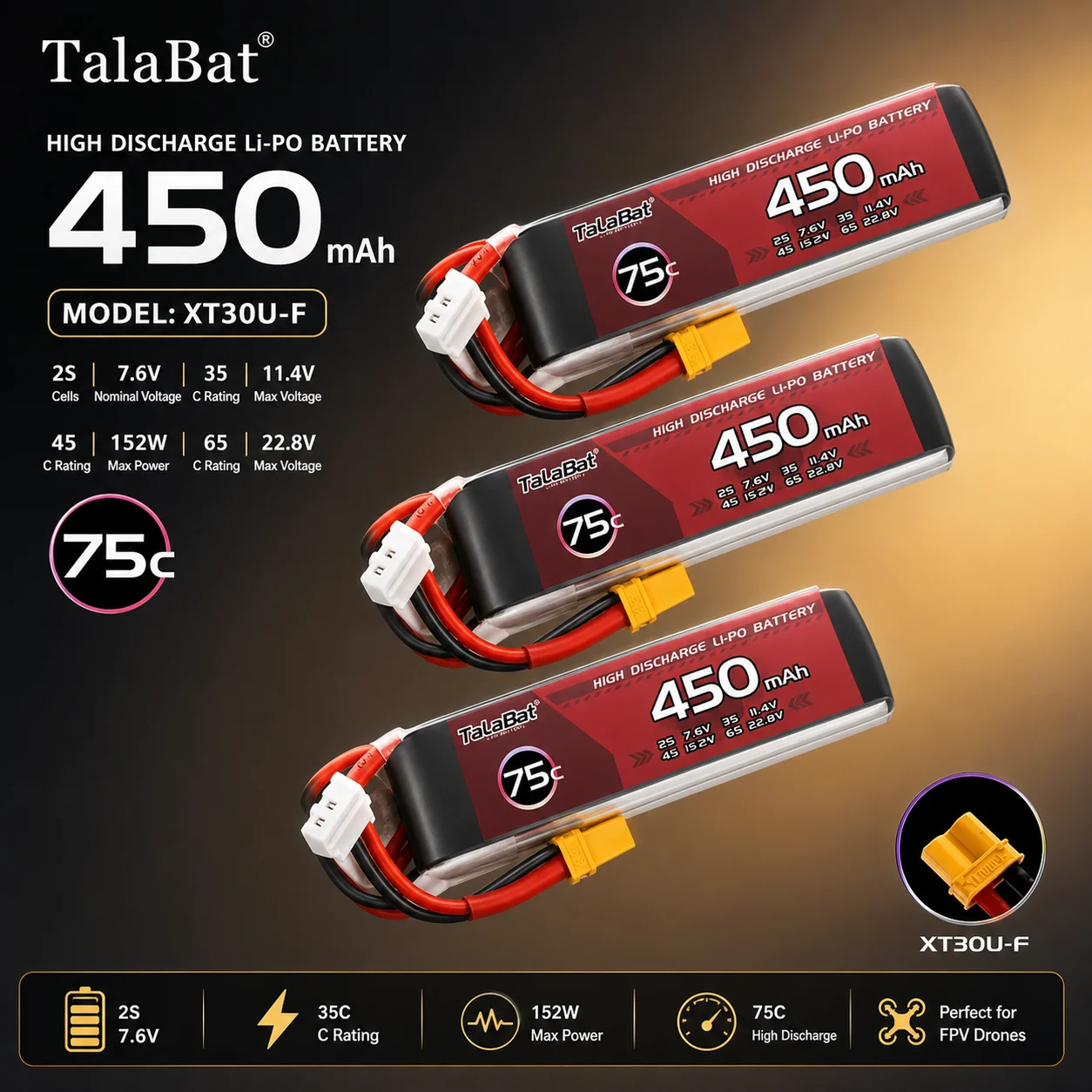 Rechargeable 2S LiPo Battery 7.4V 450mAh 75C with XT30 Plug for RC Helicopter FPV Racing Quadcopter Drone Parts