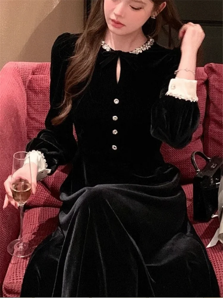 

Черное бархатное платье с французским круглым вырезом, женское осенне-зимнее элегантное мини-платье трапециевидной формы с длинными рукавами для дня рождения