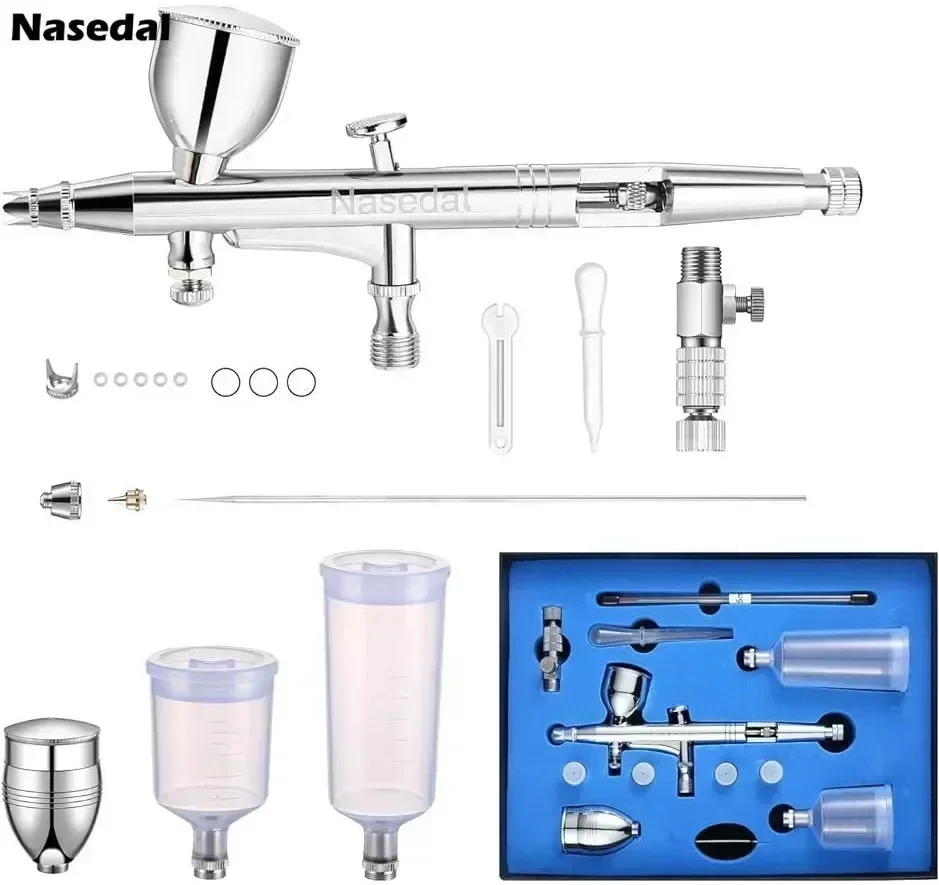 Nasedal Airbrush Kit Updated Drop in Nozzle Air Brush Dual-Action Makeup Nail Art Painting DIY Model Coloring Cake Decor NT-268K