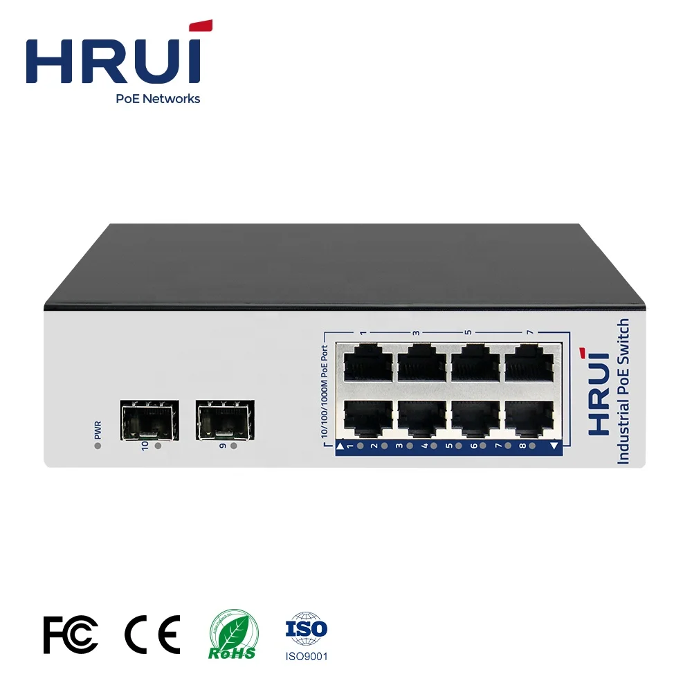 HRUI Highly Flexible 8 PoE Ports Gigabit Switch 20 Gbps 2 Uplink Ports Industrial Network Switch