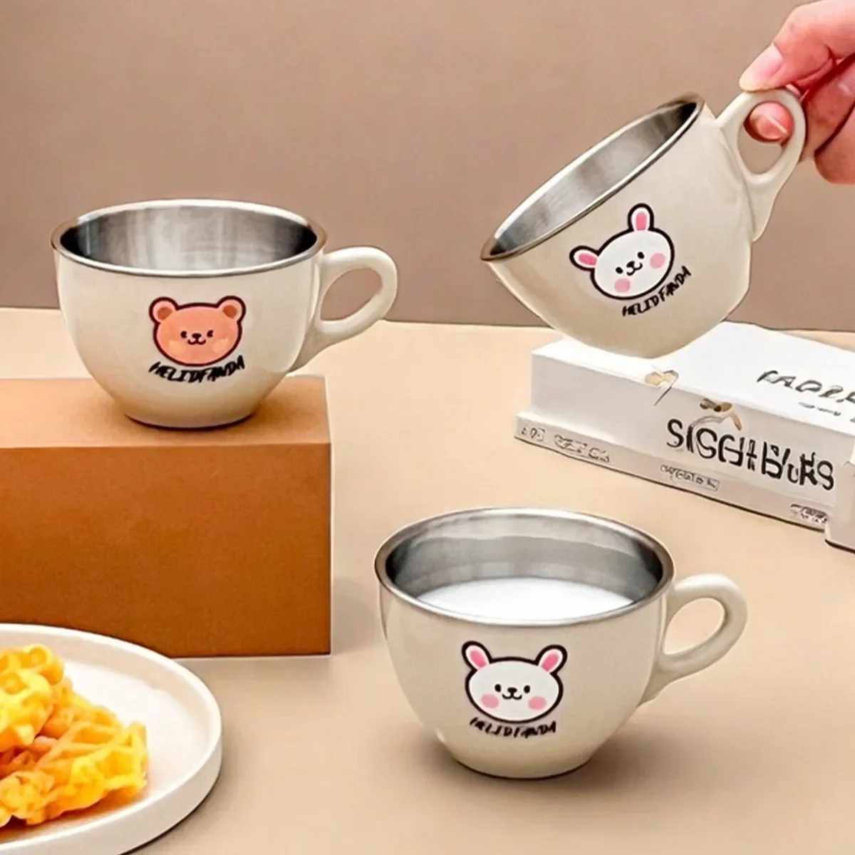 Mini Cartoon Tumbler Cups Double Wall Milk Coffee Mug with Handle Anti Drop 304 Stainless Steel Children Water Cup Drinkware